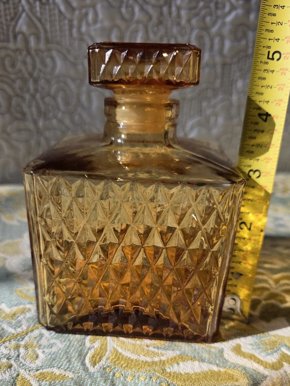 VTG Mid Century Amber Diamond Point Glass Decanter Bottle | Japan
